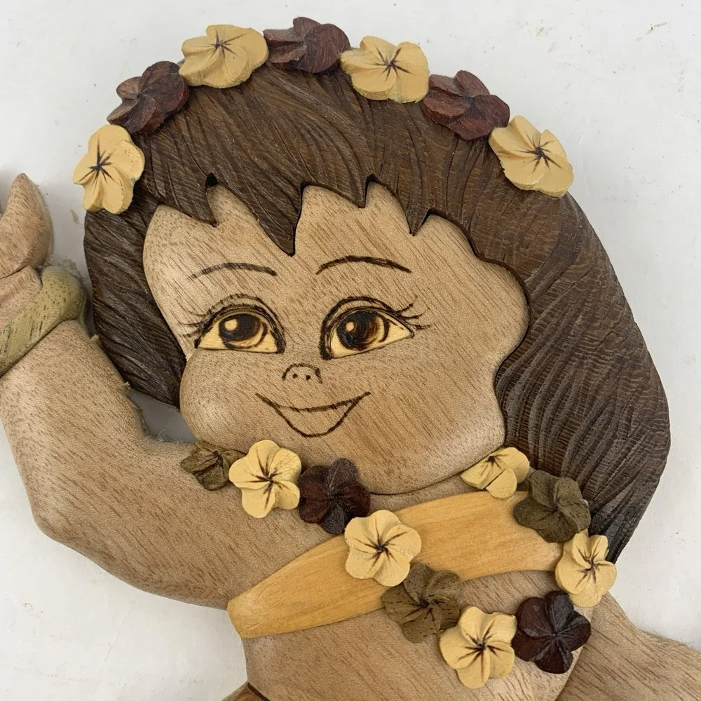 VTG Hawaiian Hula Girl Wood Carving Wall Art Tiki Bar Polynesian Intarsia Decor